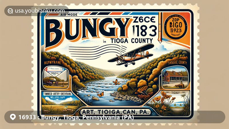 Modern illustration of Bungy, Tioga County, Pennsylvania, featuring vintage airmail envelope with ZIP code 16933, incorporating words 'Bungy, Tioga, PA' and depiction of Tioga River, local wildlife, and Gmeiner Art & Cultural Center.