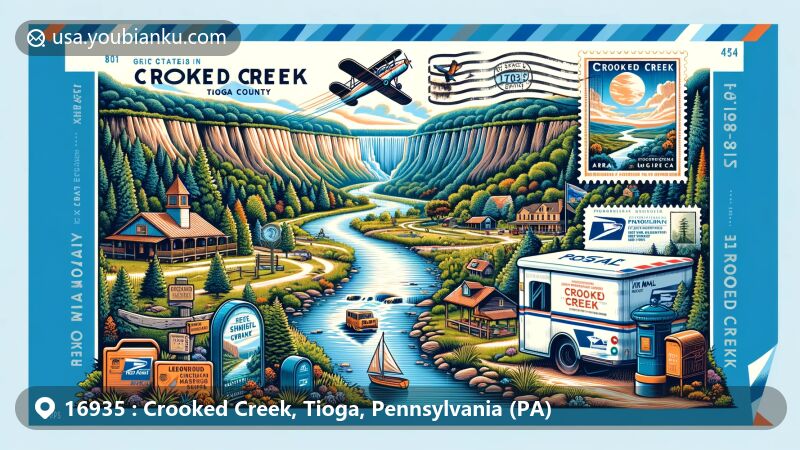 Modern illustration of Crooked Creek, Tioga County, Pennsylvania, featuring postal theme with ZIP code 16935, showcasing Pennsylvania Grand Canyon and postal symbols.