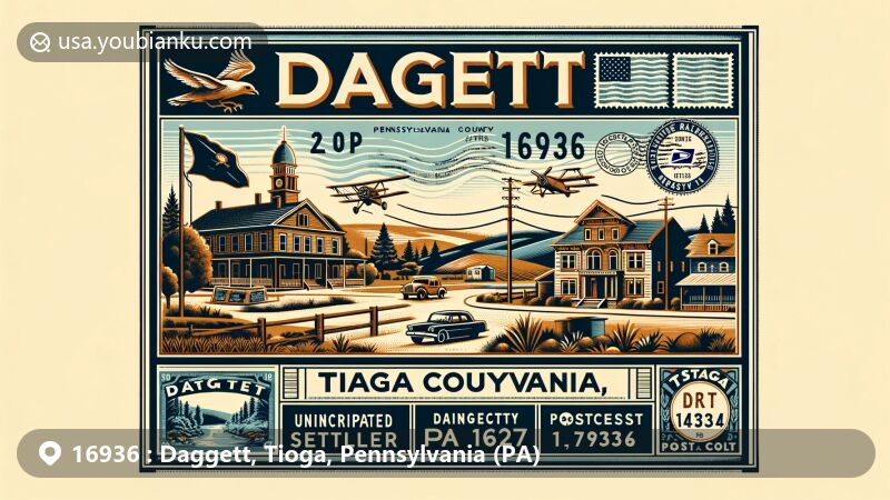 Modern illustration of Daggett, Tioga County, Pennsylvania, representing ZIP code 16936, featuring postal elements and subtle nods to local history and surroundings.