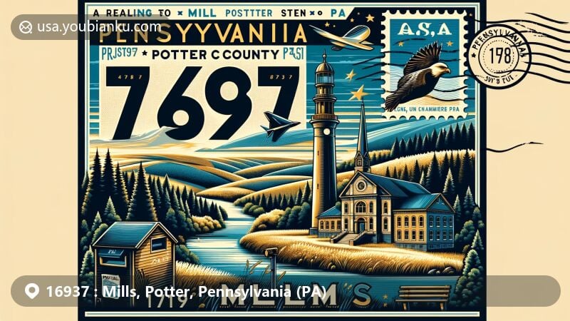 Modern illustration of Mills, Potter County, Pennsylvania, capturing scenic landscapes and postal elements with ZIP code 16937, featuring lush forests, rolling hills, vintage postage stamp, postmark, and mailbox.
