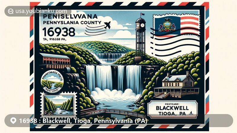 Modern illustration of Blackwell, Tioga, Pennsylvania, highlighting postal theme with ZIP code 16938, featuring Bohen Run Falls and Jerry Run Falls.
