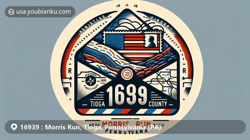 Modern illustration of Morris Run, Tioga County, Pennsylvania, featuring airmail envelope with ZIP code 16939, showcasing Tioga County outline and Pennsylvania state symbols.