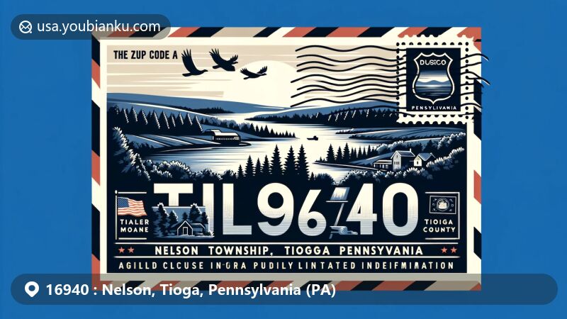 Modern illustration of Nelson Township, Tioga County, Pennsylvania, showcasing postal theme with ZIP code 16940, featuring Pennsylvania state flag, Tioga County outline, and natural scenery.
