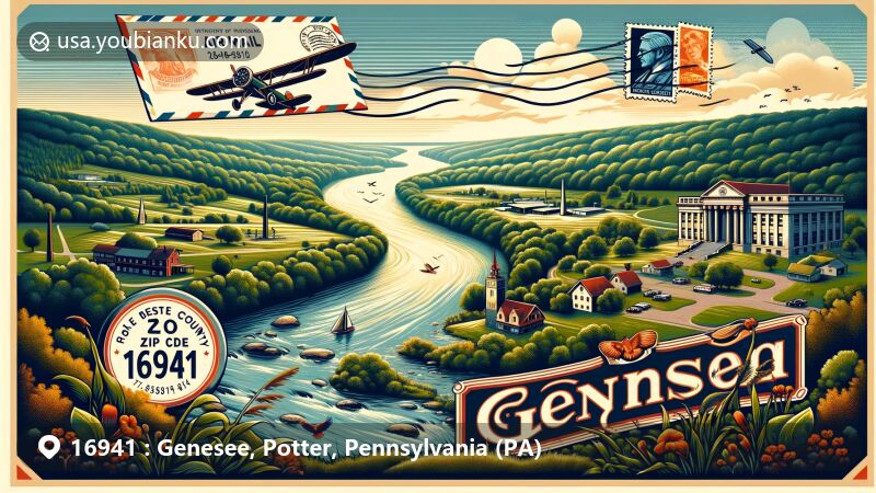 Modern illustration of Genesee area in Potter County, Pennsylvania, featuring scenic valley and headwaters of Genesee River, along with elements representing the rich natural and cultural heritage of Potter County like state parks, wildlife, and historic sites. The foreground showcases a vintage-style airmail envelope with prominent display of '16941' ZIP code, postal stamps, and postmarks, symbolizing the region's connection to the broader world. Background seamlessly integrates these features with tranquil, pristine forest and river landscapes of Potter County, capturing the charm and allure of the location in a contemporary illustrative style, making it a visually captivating image for a webpage dedicated to showcasing the 16941 ZIP code. The composition is balanced and eye-catching, evoking a sense of belonging and locality.