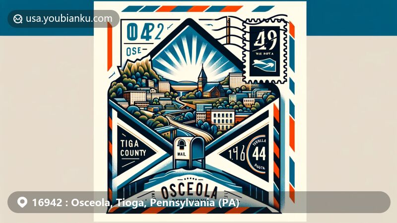 Modern illustration of Osceola, Tioga County, Pennsylvania, featuring ZIP code 16942 and postal theme, showcasing iconic elements like Tioga County outline, Pennsylvania map, and local area from Pennsylvania Route 49.