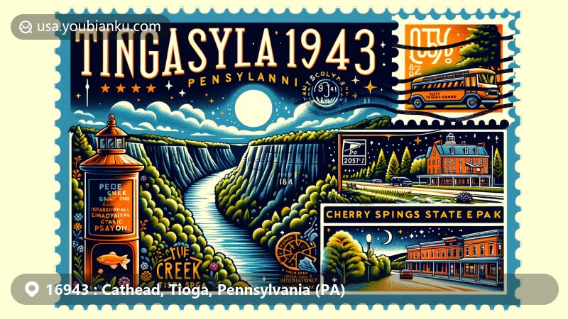 Modern illustration of Cathead, Tioga County, Pennsylvania, highlighting postal theme with ZIP code 16943, featuring the Pennsylvania Grand Canyon, Wellsboro Historic District, and Cherry Springs State Park as a Gold Level International Dark-Sky Park.