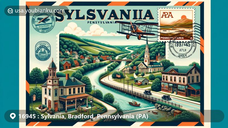 Modern illustration of Sylvania, Bradford, Pennsylvania, showcasing postal theme with ZIP code 16945, featuring local landmarks, green spaces, and outdoor activities like fishing and hiking.