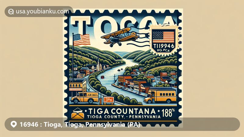 Modern illustration of Tioga, Tioga County, Pennsylvania, capturing small-town charm with elements representing the state flag and local attractions near Tioga River and lakes, featuring vintage air mail envelope with postal icons.