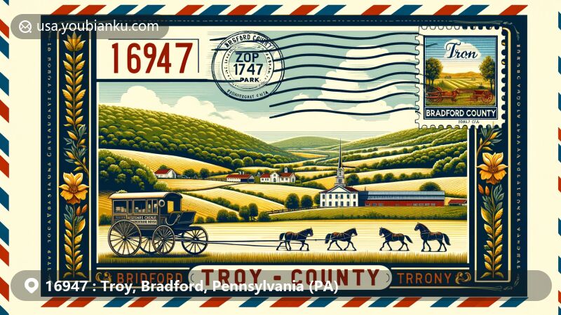 Modern illustration of Troy, Pennsylvania, with ZIP code 16947, highlighting Mount Pisgah State Park, Bradford County Farm Museum, and vintage air mail envelope with Pennsylvania state flag stamp.
