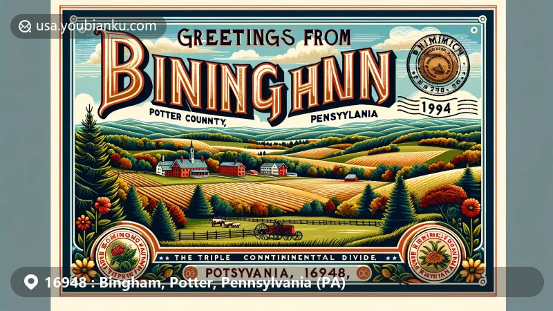 Vintage-style postcard illustration of Bingham, Potter County, Pennsylvania, showcasing the rural farming landscape and Pennsylvania Wilds scenery, featuring Triple Continental Divide and local wildlife.