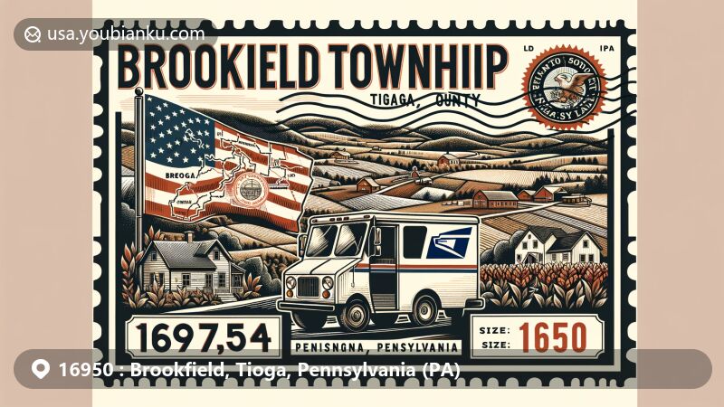 Modern illustration of Brookfield Township, Tioga County, Pennsylvania, featuring a postcard design highlighting the charm of rural America, with a map of Tioga County, the Pennsylvania state flag, '16950' ZIP code, U.S. Postal Service vehicle, hills, woodlands, farmlands, barns, and farmhouses.