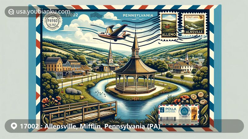 Modern illustration of Allensville, Mifflin County, Pennsylvania, capturing village charm through postal theme, showcasing gazebo, rolling hills, and Cocolamus Creek, highlighting fishing and local flora and fauna.