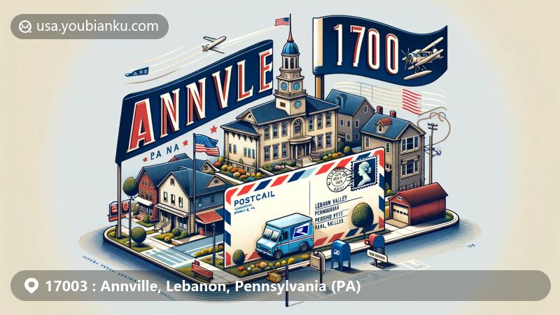 Creative illustration of Annville, Pennsylvania, showcasing historic landmarks, postal theme, and ZIP code 17003, featuring Lebanon Valley College building and Pennsylvania state flag.