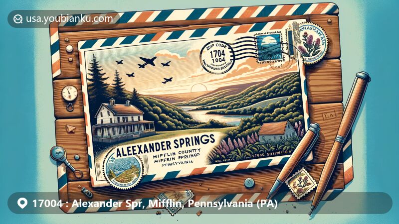 Modern illustration of Alexander Springs in Mifflin County, Pennsylvania, showcasing postal theme with ZIP code 17004, featuring state symbols like the Pennsylvania flag and the Mountain Laurel flower, set against a backdrop of the picturesque Alexander Springs landscape.