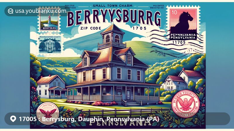 Modern illustration of Berrysburg, Dauphin County, Pennsylvania, showcasing the historic Romberger-Stover House, Mahantango Mountain, and postal theme with ZIP code 17005, featuring Pennsylvania's state symbols.