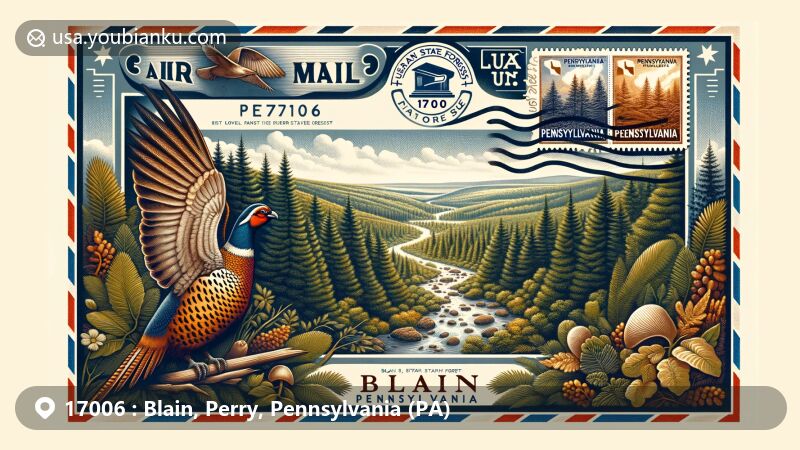 Modern illustration of Blain, PA highlighting postal theme with ZIP code 17006, featuring Tuscarora State Forest's oak and hemlock trees, Sherman's Creek, and Pennsylvania state symbols.