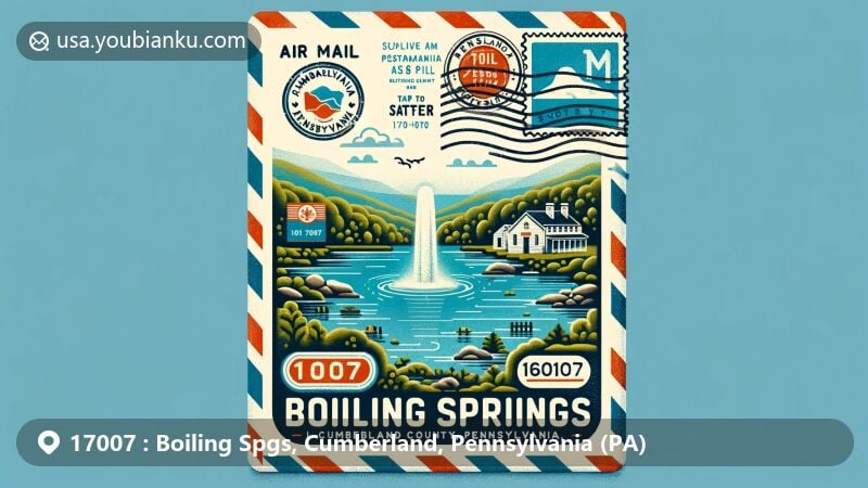 Modern illustration of Boiling Springs, Pennsylvania, highlighting connection to the Appalachian Trail and Boiling Springs Lake in the form of an air mail envelope with postal elements and ZIP code 17007.