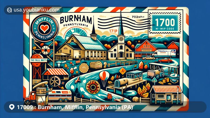 Modern illustration of Burnham, Pennsylvania, showcasing postal theme with ZIP code 17009, featuring local community essence like the Fall Festival and Burnham Playground, and incorporating vintage postal attributes.