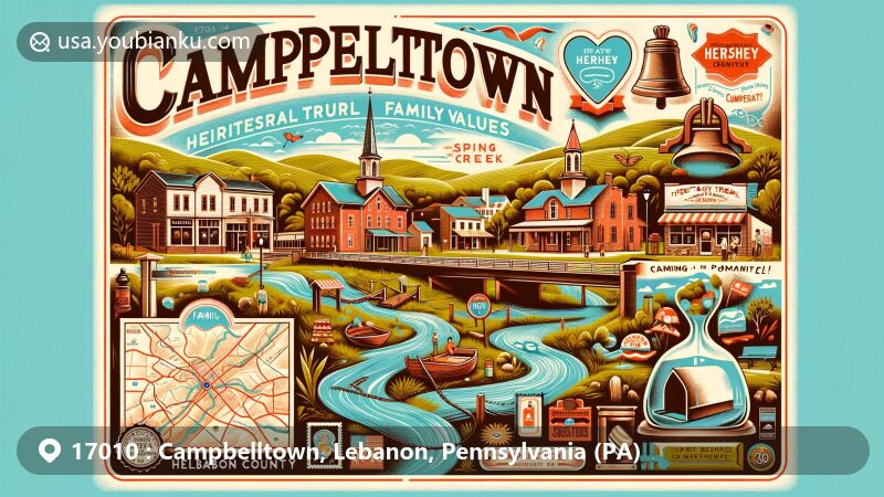 Modern illustration of Campbelltown, Pennsylvania, near Hershey and Lebanon County, featuring heritage trail map, small businesses, and outdoor attractions, with postal elements like vintage postcard style and ZIP code 17010.