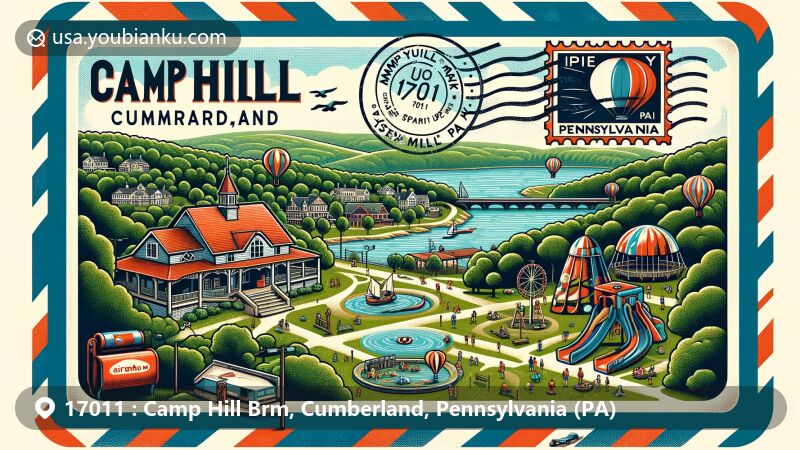 Modern illustration of Camp Hill, Cumberland County, Pennsylvania, capturing the essence of ZIP code 17011 with Oyster Mill Playhouse, Siebert Park, and Monkey Joe's amidst lush greenery and serene lake, featuring vintage stamp and postmark.