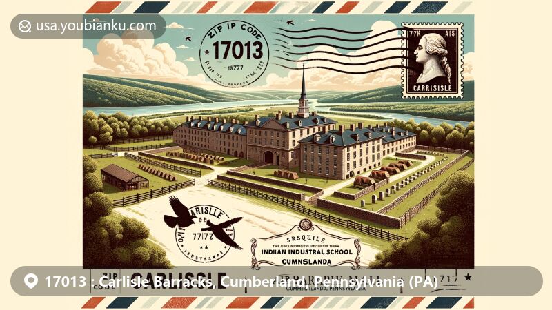 Modern illustration of Carlisle Barracks, Cumberland, Pennsylvania, featuring the historic Hessian Powder Magazine and nods to the Carlisle Indian Industrial School, set against the backdrop of the Susquehanna Valley. Includes postal elements like vintage postage stamp and air mail envelope design.