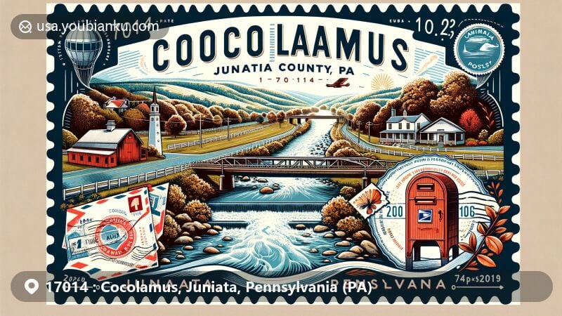 Modern illustration of Cocolamus, Juniata County, Pennsylvania, featuring Cocolamus Creek and local historical landmarks like Dimmsville Covered Bridge and Tuscarora Academy.