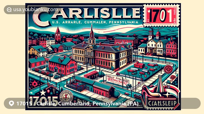 Modern illustration of Carlisle, Cumberland, Pennsylvania, featuring the Carlisle Historic District with Late Victorian and Federal architectural styles, the U.S. Army War College at Carlisle Barracks, and cultural highlights like the Molly Pitcher Brewing Company. The design incorporates postcard elements, stamps, postal mark, and ZIP code 17015.