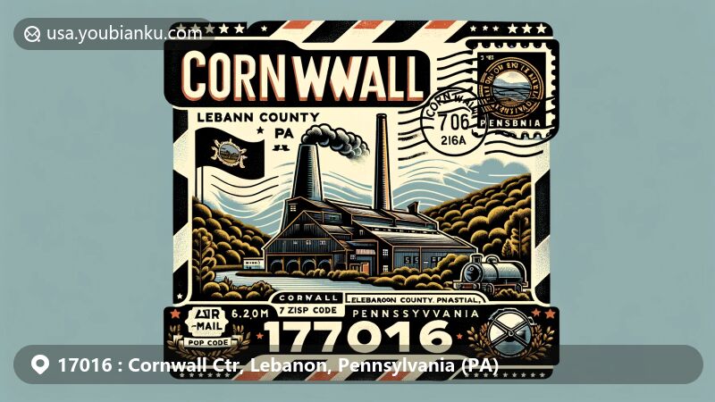 Modern illustration of Cornwall, Lebanon County, Pennsylvania, featuring Cornwall Iron Furnace and elements of the area's rich history in iron production, with vintage-style air mail envelope showcasing ZIP code 17016 and Pennsylvania state symbols.