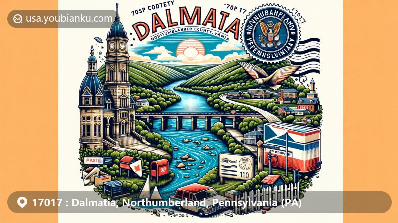 Modern illustration of Dalmatia, Northumberland County, Pennsylvania, featuring ZIP code 17017 and combining local geography, culture, and postal themes with Susquehanna River, Northumberland County outline, vintage postage stamp, and Pennsylvania countryside.