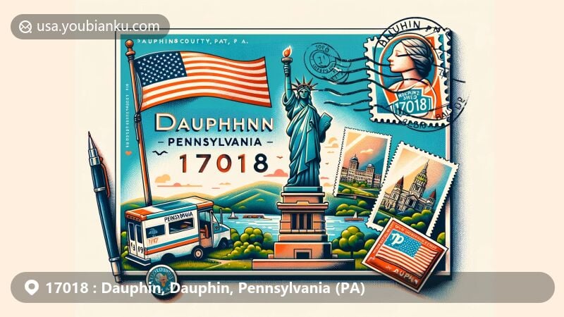 Modern illustration of Dauphin area in Pennsylvania, spotlighting ZIP code 17018 and featuring state flag with a postcard depicting miniature Statue of Liberty, surrounded by natural beauty and postal elements.