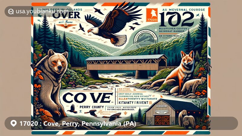 Modern illustration of Cove, Perry County, Pennsylvania, representing ZIP code 17020, featuring Hamer Woodlands at Cove Mountain, Kittatinny Ridge, and Kochendefer Covered Bridge, showcasing natural beauty and historical landmarks.