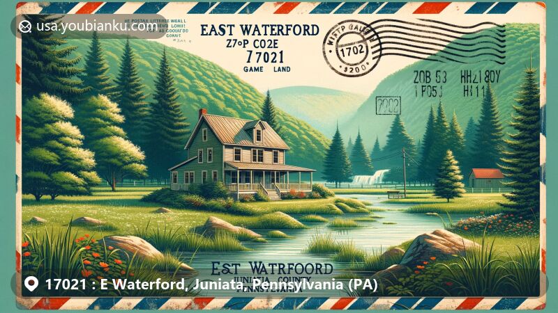 Modern illustration of East Waterford, Juniata County, Pennsylvania, featuring vintage postcard theme with ZIP code 17021, highlighting Birch Haven Cabin and rustic charm of the area.