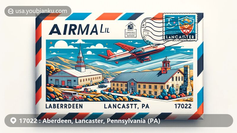 Modern depiction of ZIP Code 17022 area in Aberdeen, Lancaster, Pennsylvania, featuring a creatively designed airmail envelope showcasing either Landis Valley Museum or Historic Rock Ford. The envelope includes a unique stamp with Lancaster County outline, Pennsylvania state flag, and '17022' ZIP Code.