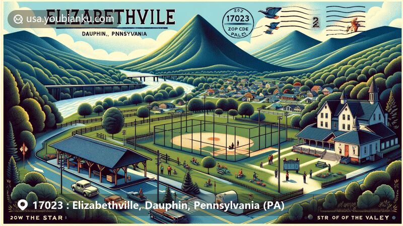 Modern illustration of Elizabethville, Dauphin County, Pennsylvania, showcasing postal theme with ZIP code 17023, featuring outdoor activities, abandoned rail line transformed into a trail, and vintage postcard elements.