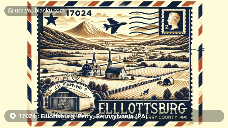 Modern illustration of Elliottsburg, Perry County, Pennsylvania, showcasing rural and scenic beauty with Appalachian mountains and West Perry High School, featuring air mail envelope, vintage stamp, and symbols of agricultural heritage.