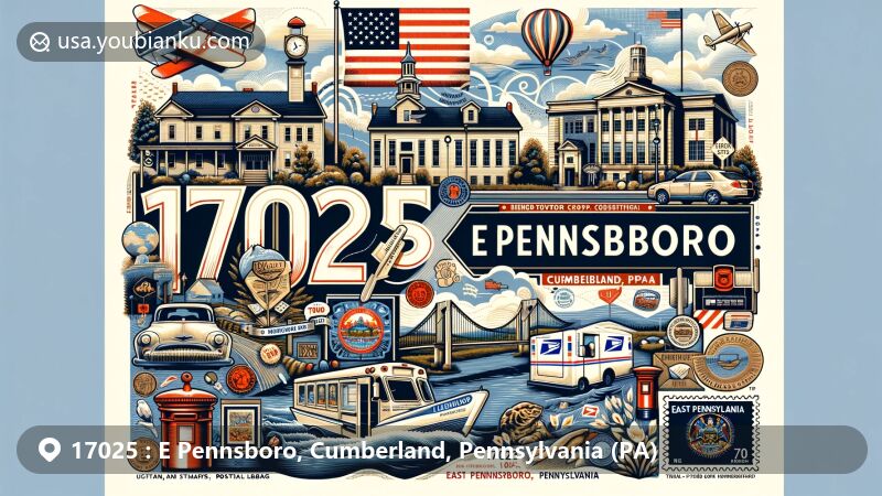 Modern illustration of E Pennsboro, Cumberland, Pennsylvania, highlighting ZIP code 17025 area with East Pennsboro Library, historical references, and postal themes.