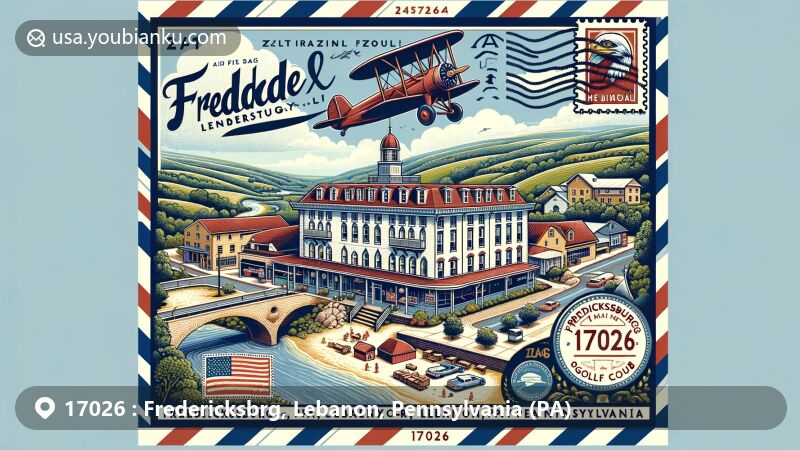 Modern illustration of Fredericksburg, Lebanon, Pennsylvania, showcasing the Eagle Hotel and Hamlin Golf Club, set in a landscape of rolling hills and lush greenery typical of northeastern Lebanon County, within an air mail envelope border.