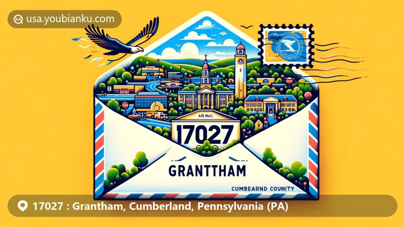 Modern illustration of Grantham, Pennsylvania, featuring air mail envelope with ZIP code 17027, showcasing Messiah University and local landmarks in Cumberland County.