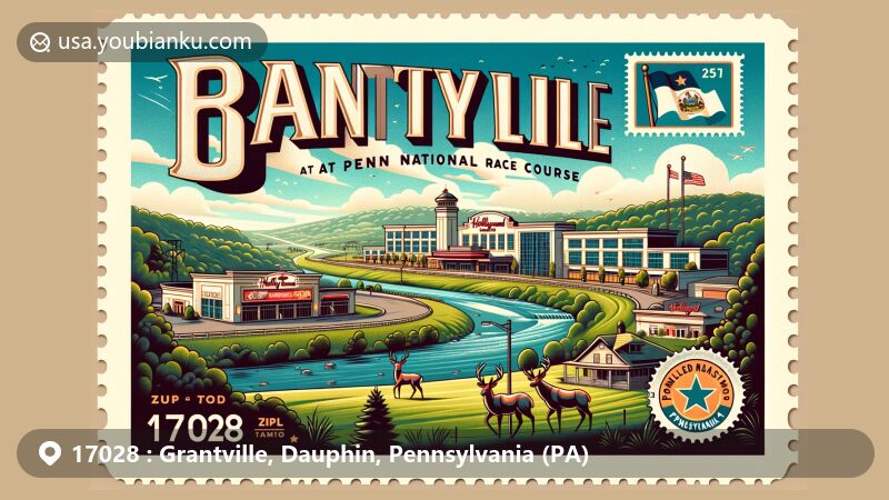 Modern illustration of Hollywood Casino at Penn National Race Course in Grantville, Pennsylvania, emphasizing small-town charm and community vibe, featuring ZIP code 17028 and rural landscapes.