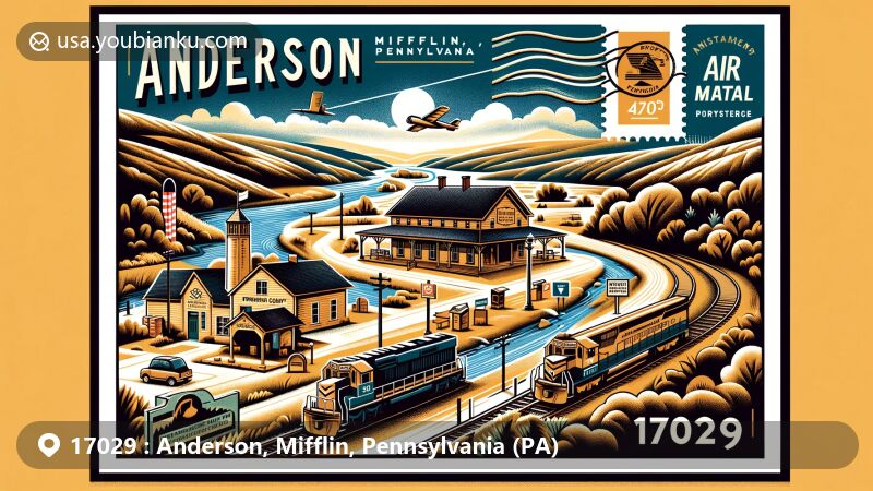 Modern illustration of Anderson, Mifflin, Pennsylvania, highlighting ZIP code 17029 and local geographical and cultural features, including Mifflin County's scenic beauty with streams, valleys, and ridges, and a classic Pennsylvania Railroad depot.