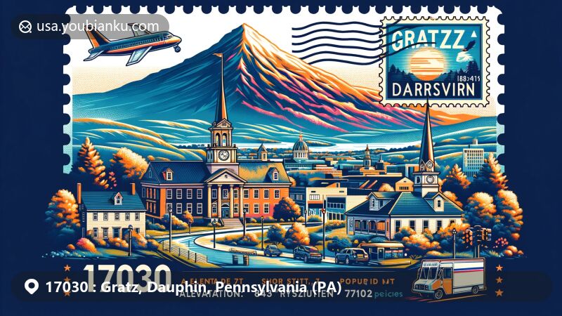 Modern illustration of Gratz, Dauphin County, Pennsylvania, showcasing postal theme with ZIP code 17030, featuring Short Mountain and Appalachian Mountains.