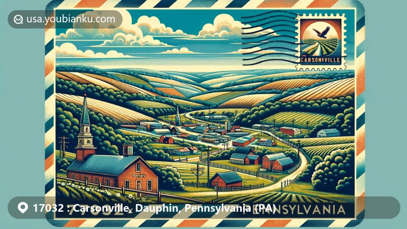 Stylized illustration of Carsonville, Dauphin County, Pennsylvania, themed around ZIP code 17032, featuring vintage postcard elements and regional landmarks, reflecting the area's postal history and rural charm.