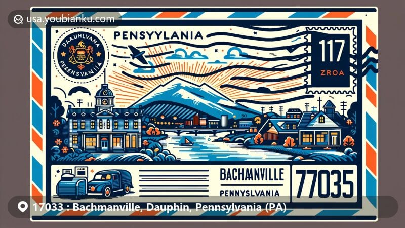 Modern illustration representing Bachmanville, Dauphin County, Pennsylvania, inspired by ZIP code 17033. Features include Pennsylvania state flag, Dauphin County outline, area landmarks and symbols, postcard design with stamp, postmark, and highlighted ZIP code.