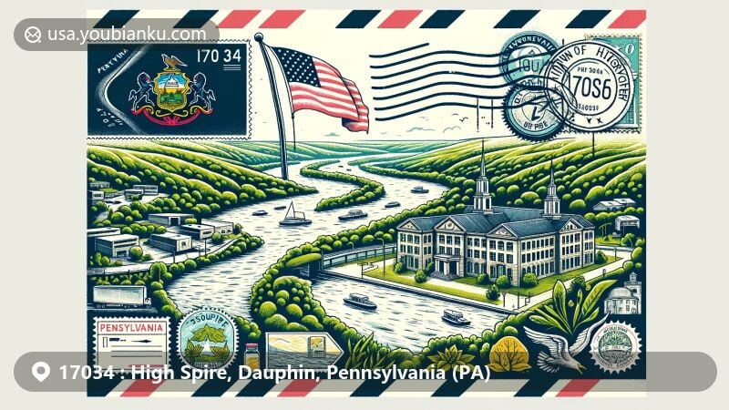 Modern illustration of Highspire, Dauphin County, Pennsylvania, featuring airmail envelope design with Susquehanna River, Highspire High School, and Pennsylvania state symbols.