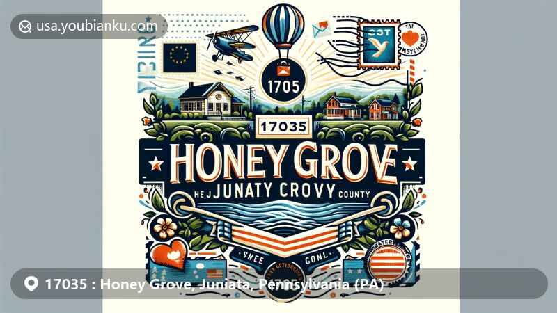 Modern illustration of Honey Grove, Juniata County, Pennsylvania, capturing postal theme with ZIP code 17035, incorporating elements like postcard, air mail envelope, stamps, and postmark, featuring Pennsylvania's state flag and Juniata County map outline.