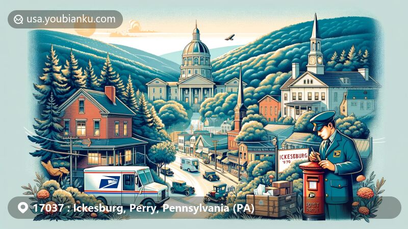 Modern illustration of Ickesburg, Pennsylvania, highlighting natural beauty, outdoor activities, and postal heritage, featuring Appalachian Trail, Great Sideling Hill State Park, and charming small-town setting.