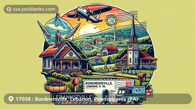 Modern illustration of Bordnersville, Lebanon, Pennsylvania, featuring elements of Indiantown Gap National Cemetery and Jonestown Community Park, as well as creative postal motifs like airmail envelope, postage stamp, postmark, and mailbox.