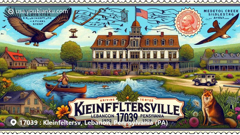 Modern illustration of Kleinfeltersville, Lebanon County, Pennsylvania, highlighting the Kleinfeltersville Hotel and Tavern post-fire reconstruction, Middle Creek Wildlife Management Area, and ZIP code 17039, featuring a postcard design with Pennsylvania state symbol stamps.