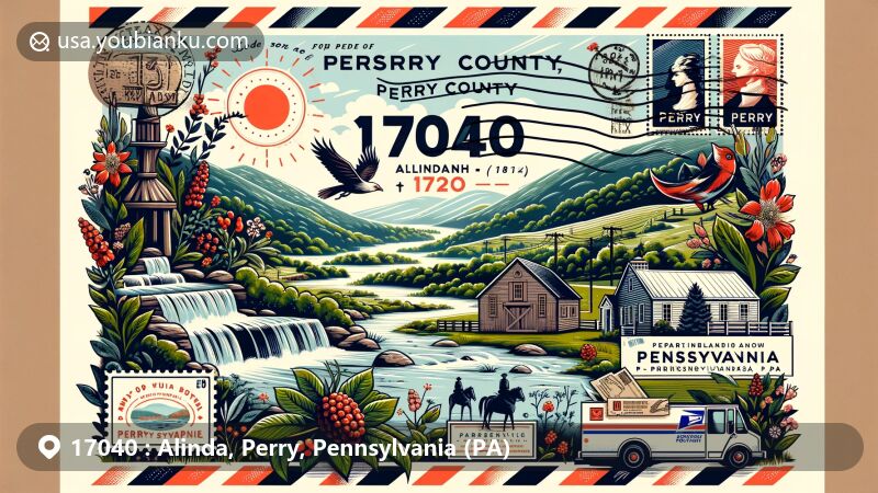 Modern illustration of Alinda, Perry County, Pennsylvania, showcasing postal theme with ZIP code 17040, featuring Appalachian Mountains, historical context of Oliver Hazard Perry, natural beauty like Susquehanna River and Box Huckleberry.