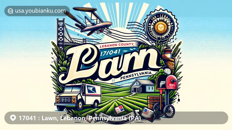 Modern illustration of Lawn, Lebanon County, Pennsylvania, showcasing postal theme with ZIP code 17041, featuring rural elements and vintage postage stamp design.